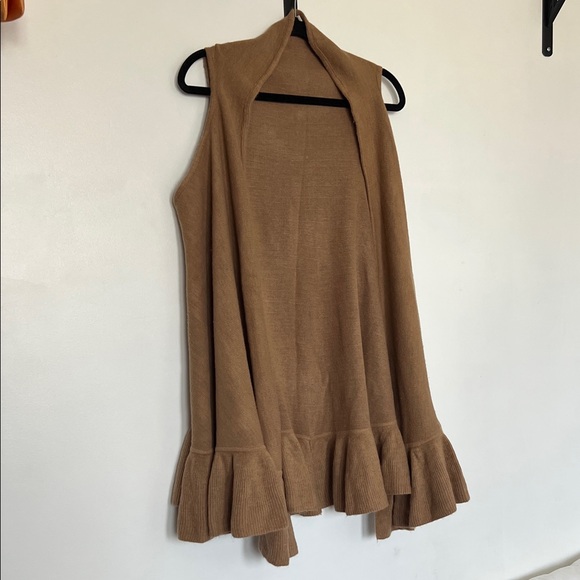 Anthropologie Tan Ruffle Hem Sleeveless Cardigan - Picture 2 of 5